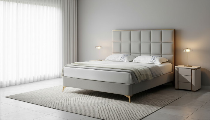 Diseño cama dormitorio camas textil hotel lujo tapizado asiento tela muebles nuevo.