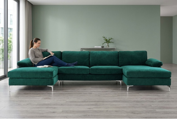 Sofá esquinero en forma de U de color verde, diseño de salón, conjunto de sofás esquineros.
