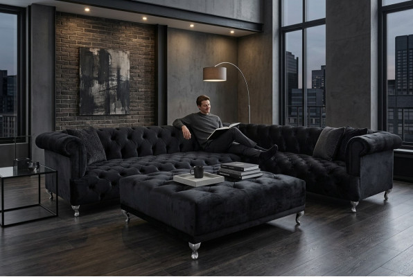 Sofá esquinero Chesterfield diseño con cojines conjunto de esquina + taburete sofá esquinero.