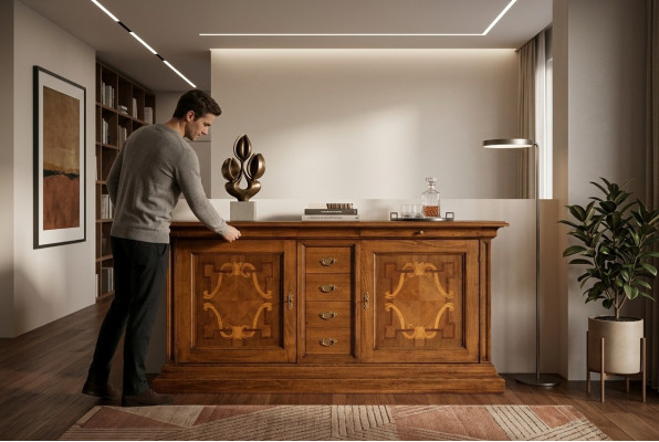 Muebles de lujo de madera italiana, lado buffet estilo barroco, cómoda, aparador de madera maciza.