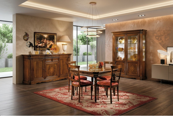 Juego de comedor Mesa de comedor 4 sillas Cómoda Vitrina Conjunto de mesa Grupo de 7 piezas Muebles
