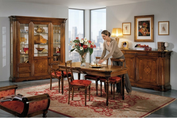 Set de comedor de diseño, juego de muebles de 7 piezas en madera, cómoda, 4 sillas, mesa y vitrina nuevos.