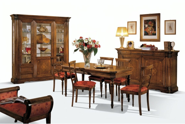 Set de comedor de diseño, juego de muebles de 7 piezas en madera, cómoda, 4 sillas, mesa y vitrina nuevos.