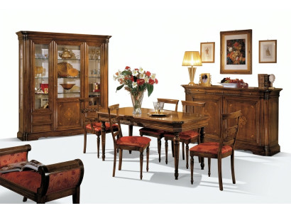 Set de comedor de diseño, juego de muebles de 7 piezas en madera, cómoda, 4 sillas, mesa y vitrina nuevos.