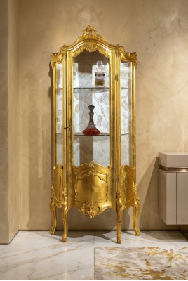 Vitrina de madera dorada, armario de vidrio, armarios de cristal, estante, vitrinas. Muebles italianos nuevos.