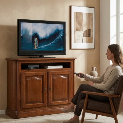 Mueble de TV rtv en el salón, diseño de estantería de madera marrón, estantes, lowboard de Italia, nuevo.