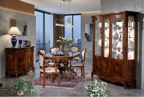 Conjunto de mesa de comedor de madera con sillas, muebles de comedor italiano.