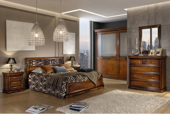 Conjunto completo de dormitorio en color marrón: armario, cama, mesita de noche, cómoda y espejo.
