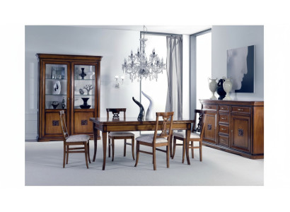 Juego de comedor de 7 piezas. Mesa sillas cómoda vitrina grupo conjunto madera marrón.