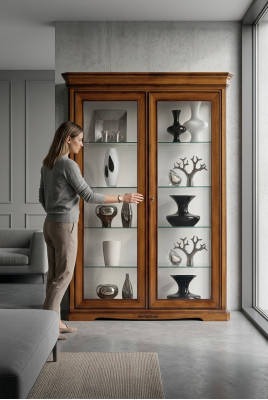 Vitrina de salón, armario, estantería de libros, aparador, muebles clásicos, estantes, madera.