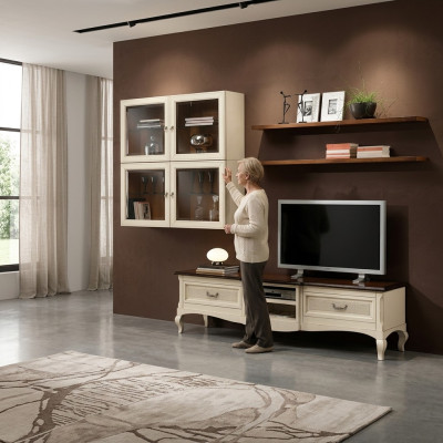Conjunto de pared para sala de estar de 7 piezas; Moderno grupo de muebles de madera para sala de estar con mueble de TV, vitrina y estantería, nuevo.