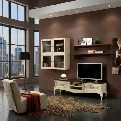 Conjunto de pared para sala de estar de 7 piezas; Moderno grupo de muebles de madera para sala de estar con mueble de TV, vitrina y estantería, nuevo.