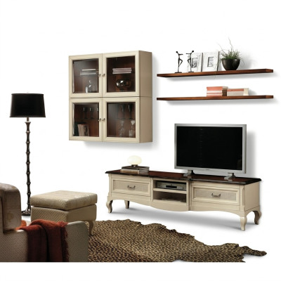 Conjunto de pared para sala de estar de 7 piezas; Moderno grupo de muebles de madera para sala de estar con mueble de TV, vitrina y estantería, nuevo.
