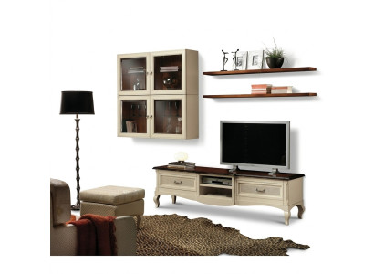 Conjunto de pared para sala de estar de 7 piezas; Moderno grupo de muebles de madera para sala de estar con mueble de TV, vitrina y estantería, nuevo.