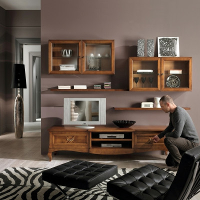 Conjunto de sala de estar: vitrina, TV, cómoda, mesa de centro, cómodas, armario, madera, nuevo, 7 piezas.