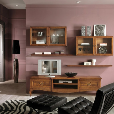 Conjunto de sala de estar: vitrina, TV, cómoda, mesa de centro, cómodas, armario, madera, nuevo, 7 piezas.