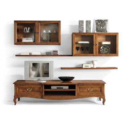 Conjunto de sala de estar: vitrina, TV, cómoda, mesa de centro, cómodas, armario, madera, nuevo, 7 piezas.