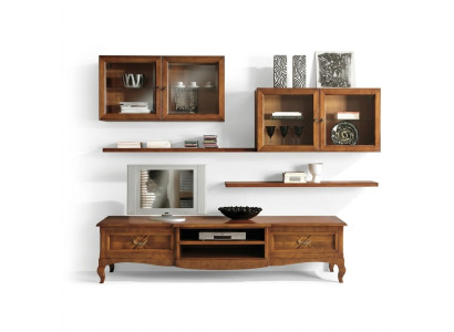 Conjunto de sala de estar: vitrina, TV, cómoda, mesa de centro, cómodas, armario, madera, nuevo, 7 piezas.
