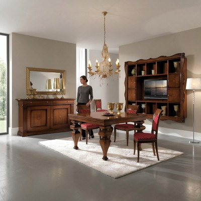 Diseño del juego de comedor de mobiliario de madera: cómoda, 4 sillas y mesa completo de 7 piezas.