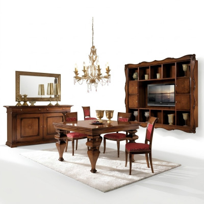 Diseño del juego de comedor de mobiliario de madera: cómoda, 4 sillas y mesa completo de 7 piezas.
