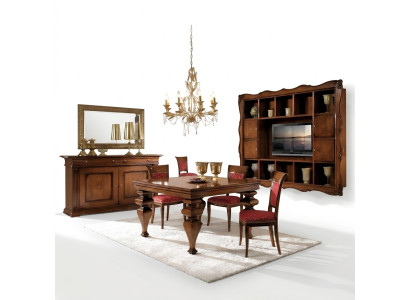 Diseño del juego de comedor de mobiliario de madera: cómoda, 4 sillas y mesa completo de 7 piezas.