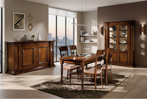 Mesa de comedor Set Juego de sillas 4x Vitrina Grupo de comedor Vitrinas 7 piezas Cómoda