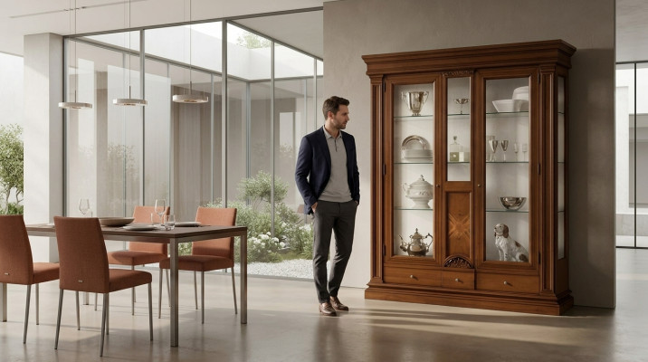 Mueble de madera con vitrina de vidrio, aparador de madera maciza para el salón.