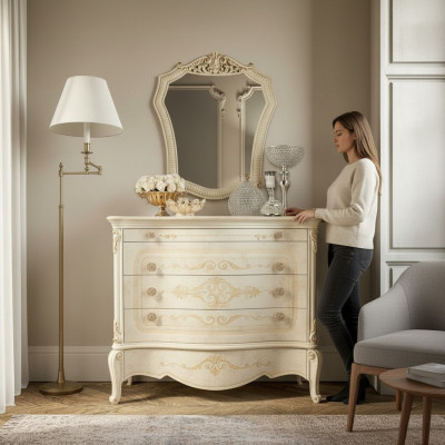 Cómoda de lujo en diseño de madera para el dormitorio con mesa de servidor nueva, gabinete de cómoda y estante.