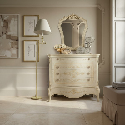 Cómoda de lujo en diseño de madera para el dormitorio con mesa de servidor nueva, gabinete de cómoda y estante.