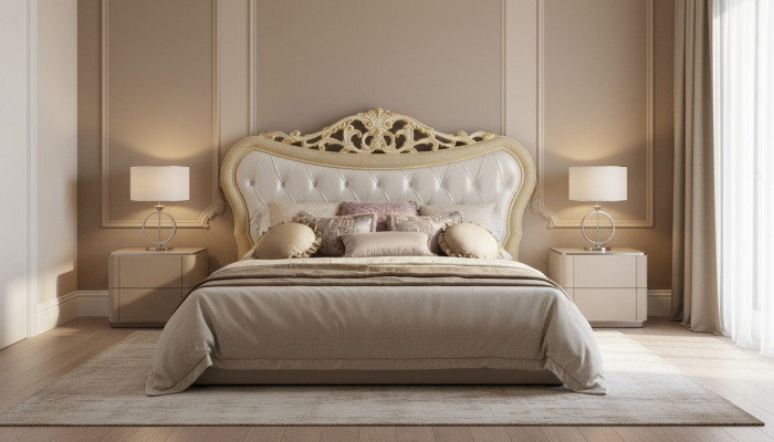 Cama doble Cama Lujo Camas de madera Estructuras de cama Marco de cama Beige Diseño Moderno