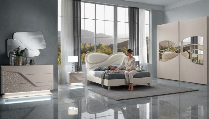 Dormitorio 5 piezas set. Cama de lujo 2 mesitas de noche cómoda armario de madera nuevo.