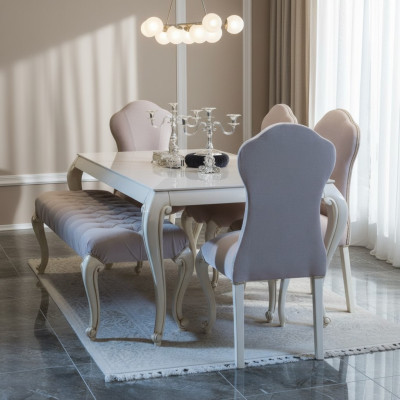Juego de comedor, conjunto de diseño de 6 piezas en madera, muebles compuestos por 4 sillas, mesa y taburete, nuevos.