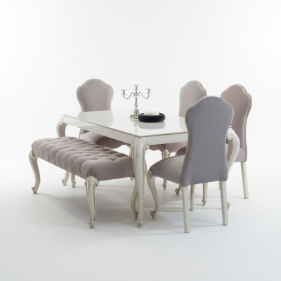 Juego de comedor, conjunto de diseño de 6 piezas en madera, muebles compuestos por 4 sillas, mesa y taburete, nuevos.