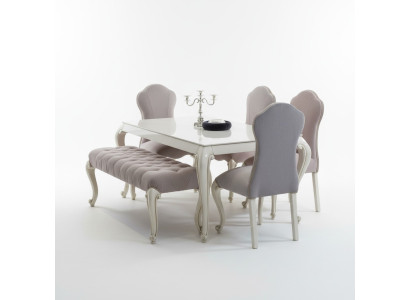 Juego de comedor, conjunto de diseño de 6 piezas en madera, muebles compuestos por 4 sillas, mesa y taburete, nuevos.