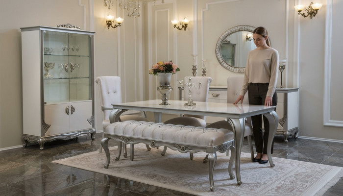 Conjunto de comedor de 9 piezas, mesa, silla, cómoda, vitrina, espejo, mesas de comedor de madera.