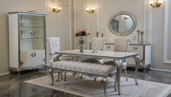Conjunto de comedor de 9 piezas, mesa, silla, cómoda, vitrina, espejo, mesas de comedor de madera.