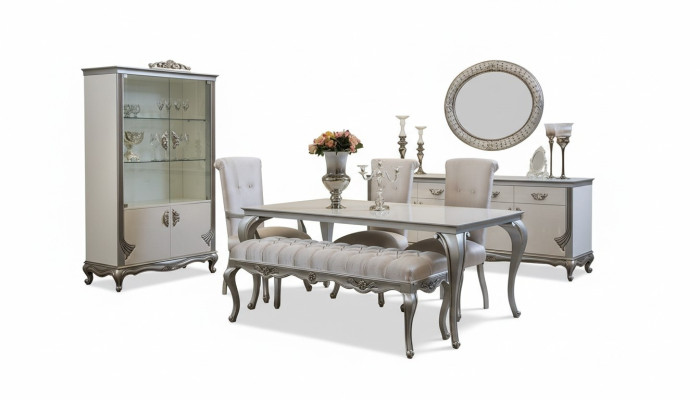 Conjunto de comedor de 9 piezas, mesa, silla, cómoda, vitrina, espejo, mesas de comedor de madera.