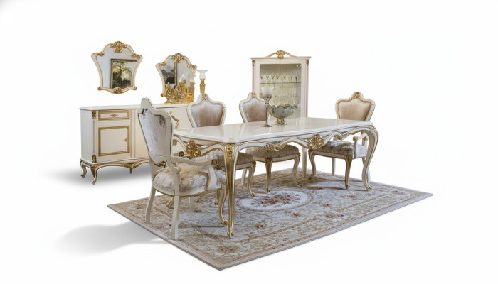 Comedor clásico, mesa de comedor, vitrina, 4 sillas, conjunto de comedor, cómodas, juego de 7 piezas.