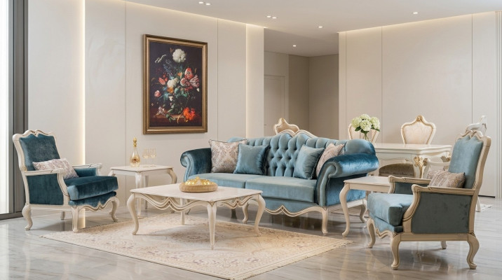 Conjunto de sofá de lujo 3 plazas Mesa de centro Sofá Sillón Tela Sofá de 4 piezas.