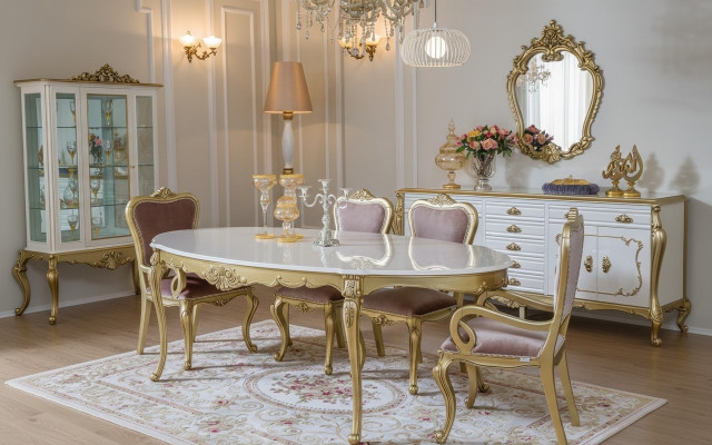 Conjunto de comedor de diseño de 8 piezas: mesa de comedor, silla, cajonera, vitrina, espejo