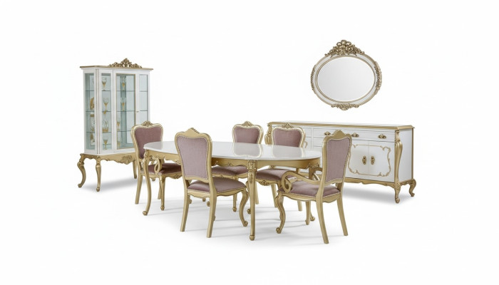 Conjunto de comedor de diseño de 8 piezas: mesa de comedor, silla, cajonera, vitrina, espejo