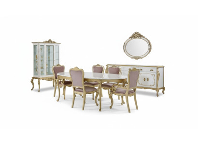 Conjunto de comedor de diseño de 8 piezas: mesa de comedor, silla, cajonera, vitrina, espejo