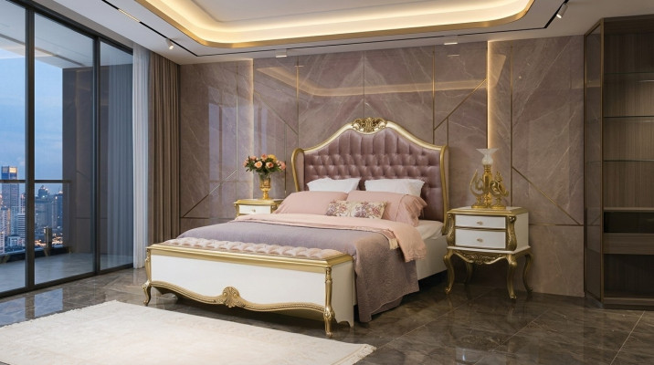 Diseño de marco de cama Chesterfield de lujo con tapizado rosa para dormitorio.