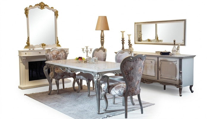 Juego de comedor de 7 piezas. Mesa de comedor, 4 sillas, cómoda, espejo, grupo en blanco, nuevo.