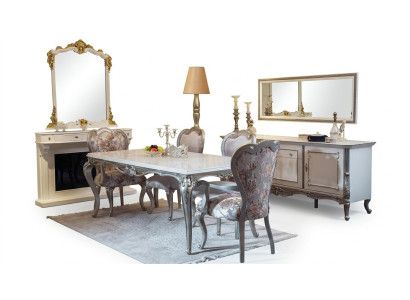Juego de comedor de 7 piezas. Mesa de comedor, 4 sillas, cómoda, espejo, grupo en blanco, nuevo.