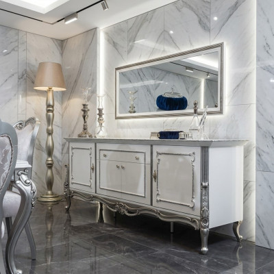 Bufé Blanco Plata Cómoda Consola Cómoda Estilo italiano 2 piezas Espejo