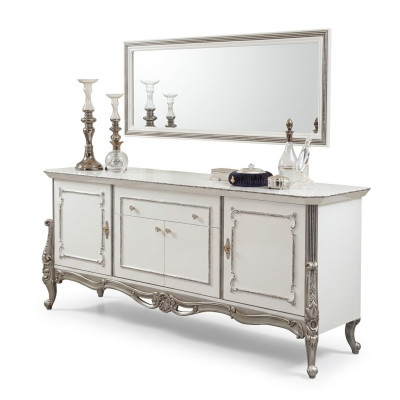 Bufé Blanco Plata Cómoda Consola Cómoda Estilo italiano 2 piezas Espejo