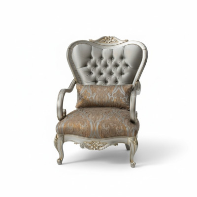 Sillón Chesterfield plateado estilo francés, silla de mueble de una plaza de madera.