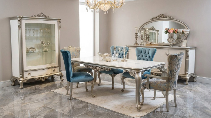 Juego de comedor Set, vitrina, mesa, 6 sillas, cómoda, espejo Art déco de 10 piezas