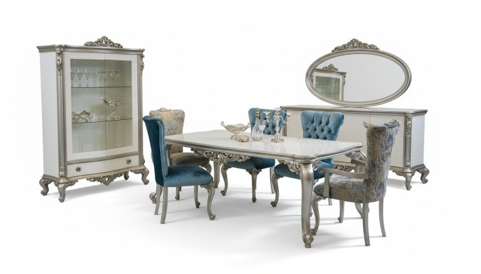 Juego de comedor Set, vitrina, mesa, 6 sillas, cómoda, espejo Art déco de 10 piezas